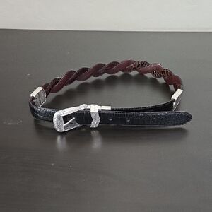Women's Black and Brown Reversible Leather Belt Silver Flower Detail Braided S